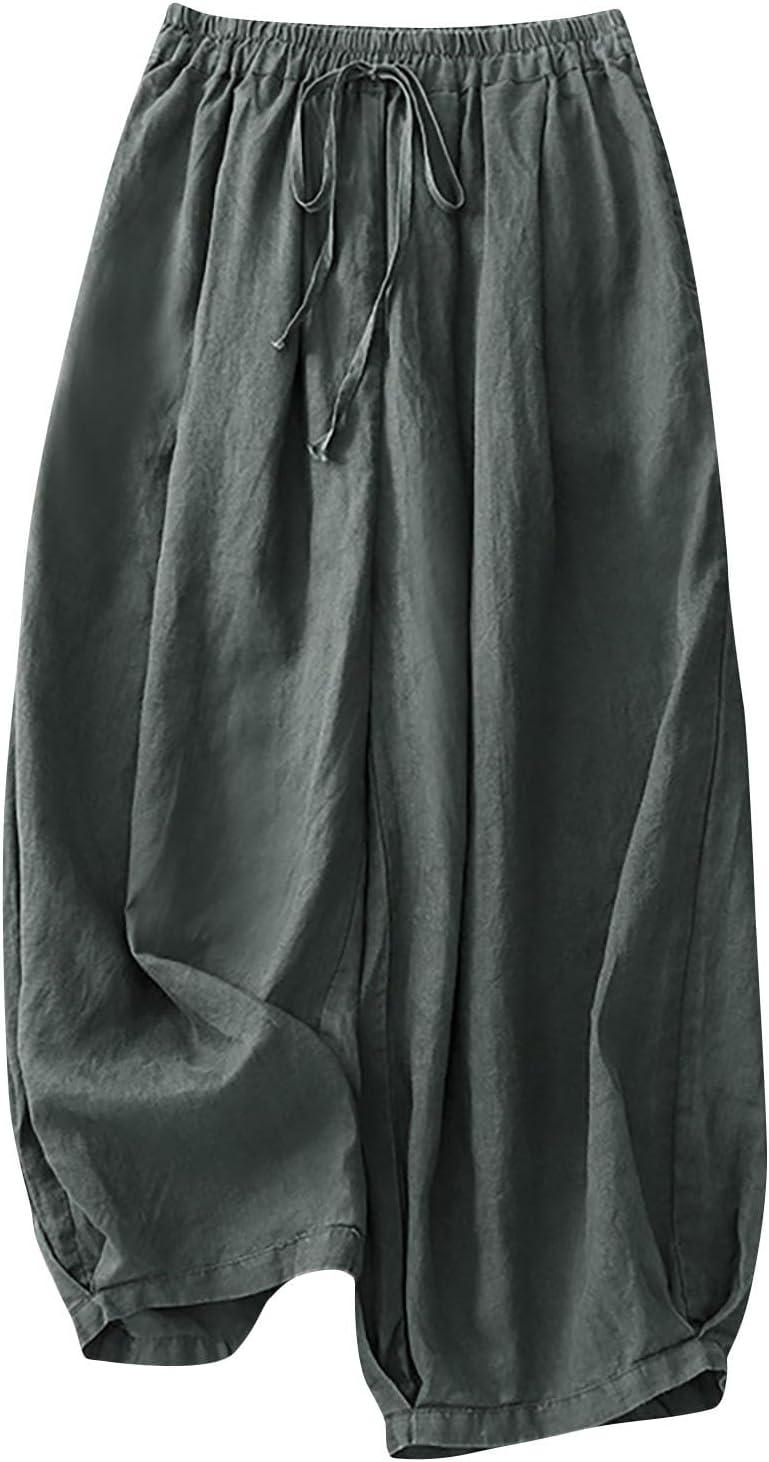 Lmdudan 2025 Women Linen Wide Leg Pants Casual Loose Drawstring Low Waist Beach Palazzo Pants Cropped Beach Pants with Pocket