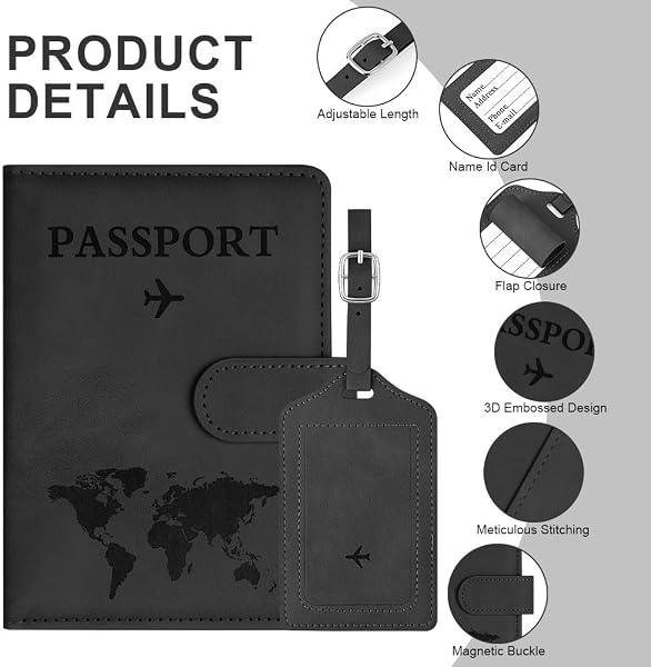 OFFCUP Custodia per Passaporto, Custodie Porta Passaporto con Blocco RFID, Custodia Passaportos con Etichetta Valigia in Pelle PU per Carte d'Identità Carte di Credito, Passaportos Pass (Nero) - 3