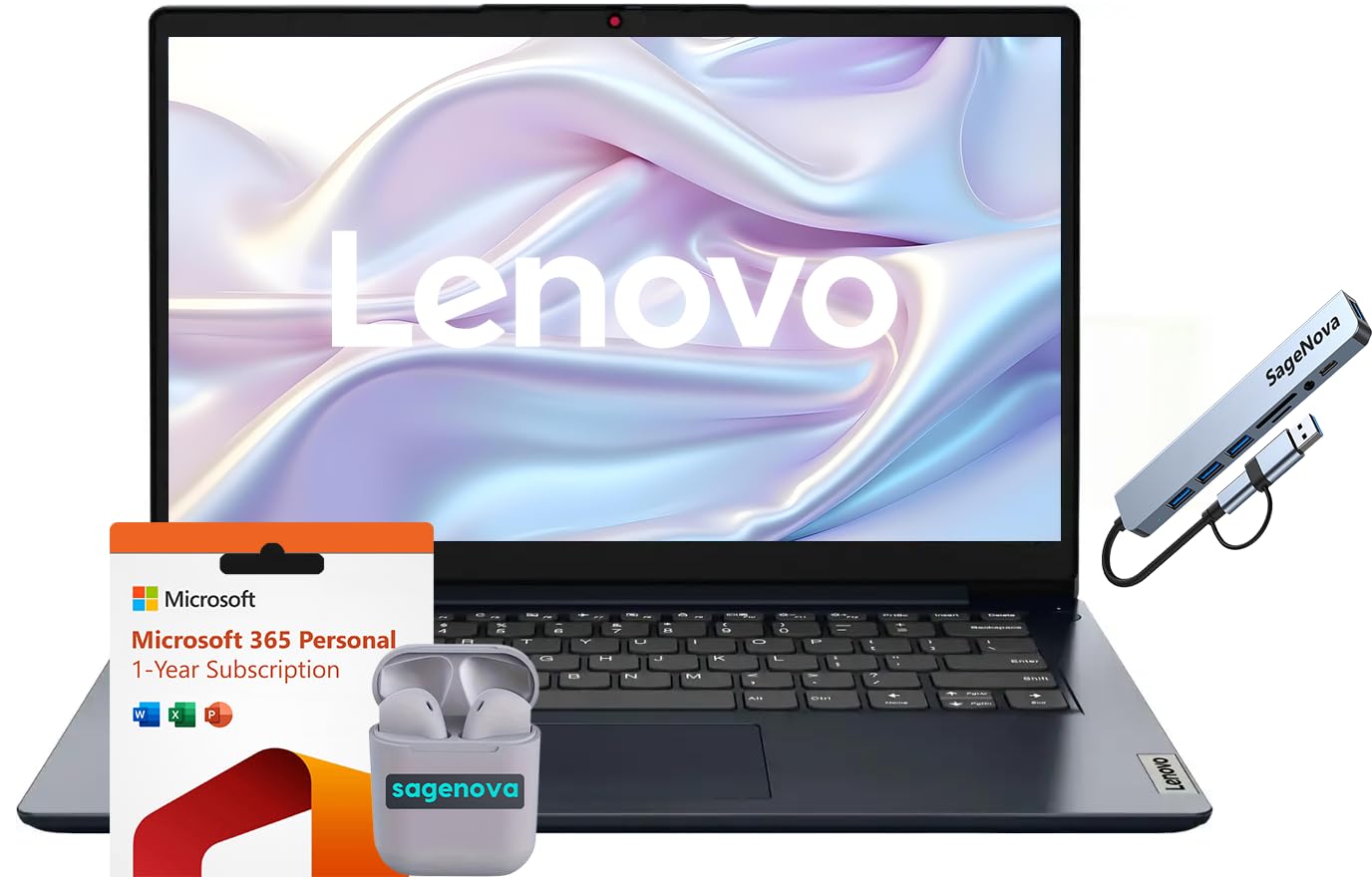 Lenovo IdeaPad - Computer portatile da 14", 4 GB di RAM, 384 GB di memoria (128 GB eMMC + set di docking station da 256 GB), Intel Celeron N4020, Microsoft Office 365 di 1 anno, Windows 11 S