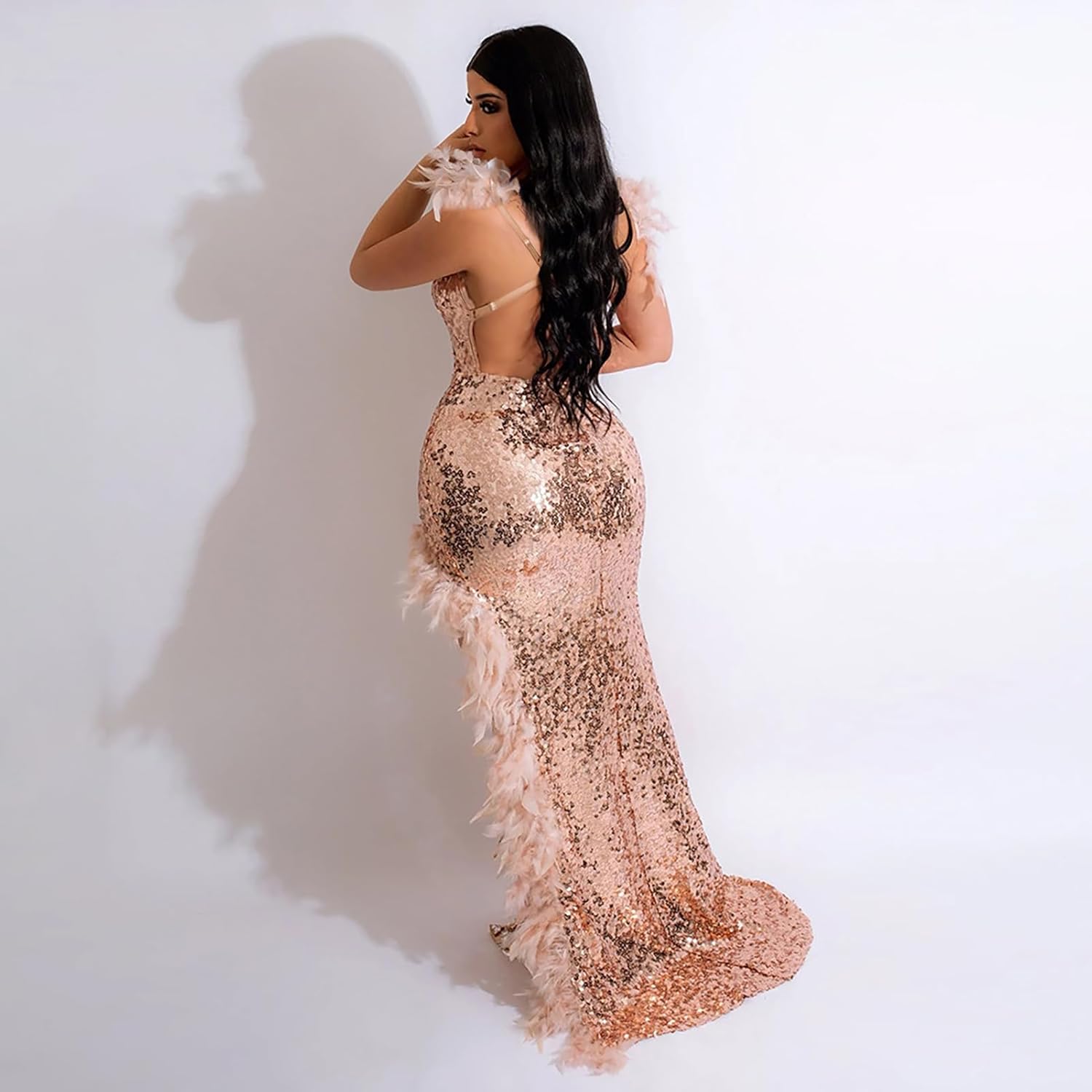 Women's Sexy Sequin Feather Prom Dresses 2025 High Slit Deep V Neck Evening Formal Masquerade Ball Gown Maxi Dress - Image 3