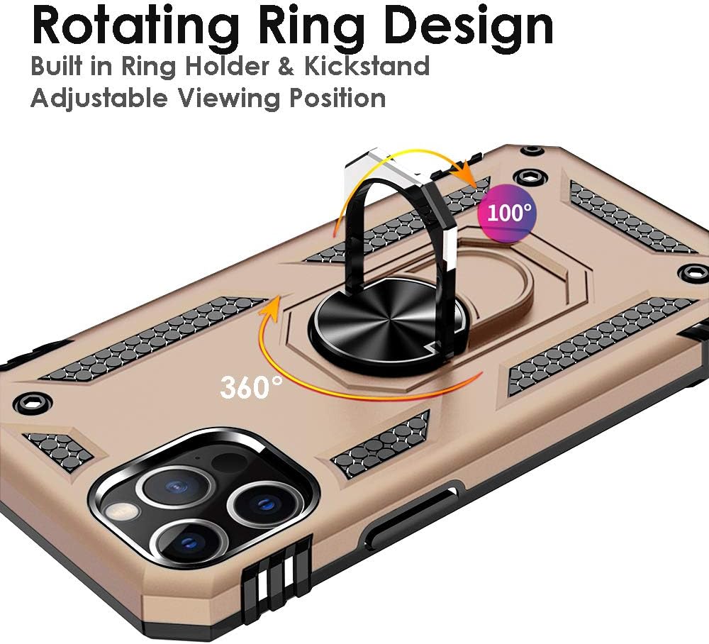 Pokanic Compatible with Apple iPhone 12 Mini / 12/12 Pro / 12 Pro Max Full Body Protection Kickstand Ring Holder Military Graded 15ft. Drop Tested Shockproof Cover Case (Gold, iPhone 12 Pro Max)