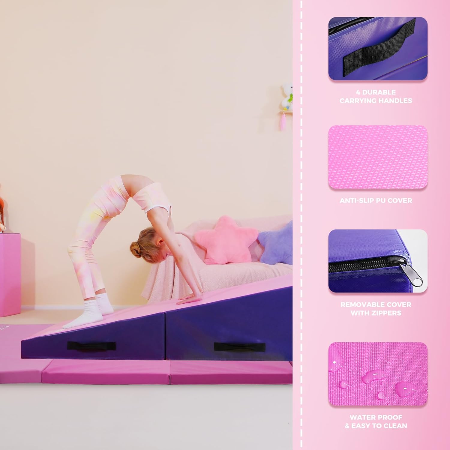 Kangaroo Hoppers 4×8 FT Gymnastics Mat & Gymnastics Wedge Cheese Mat Set for Kids Tumbling, Skill Training, Home Gym Exercise