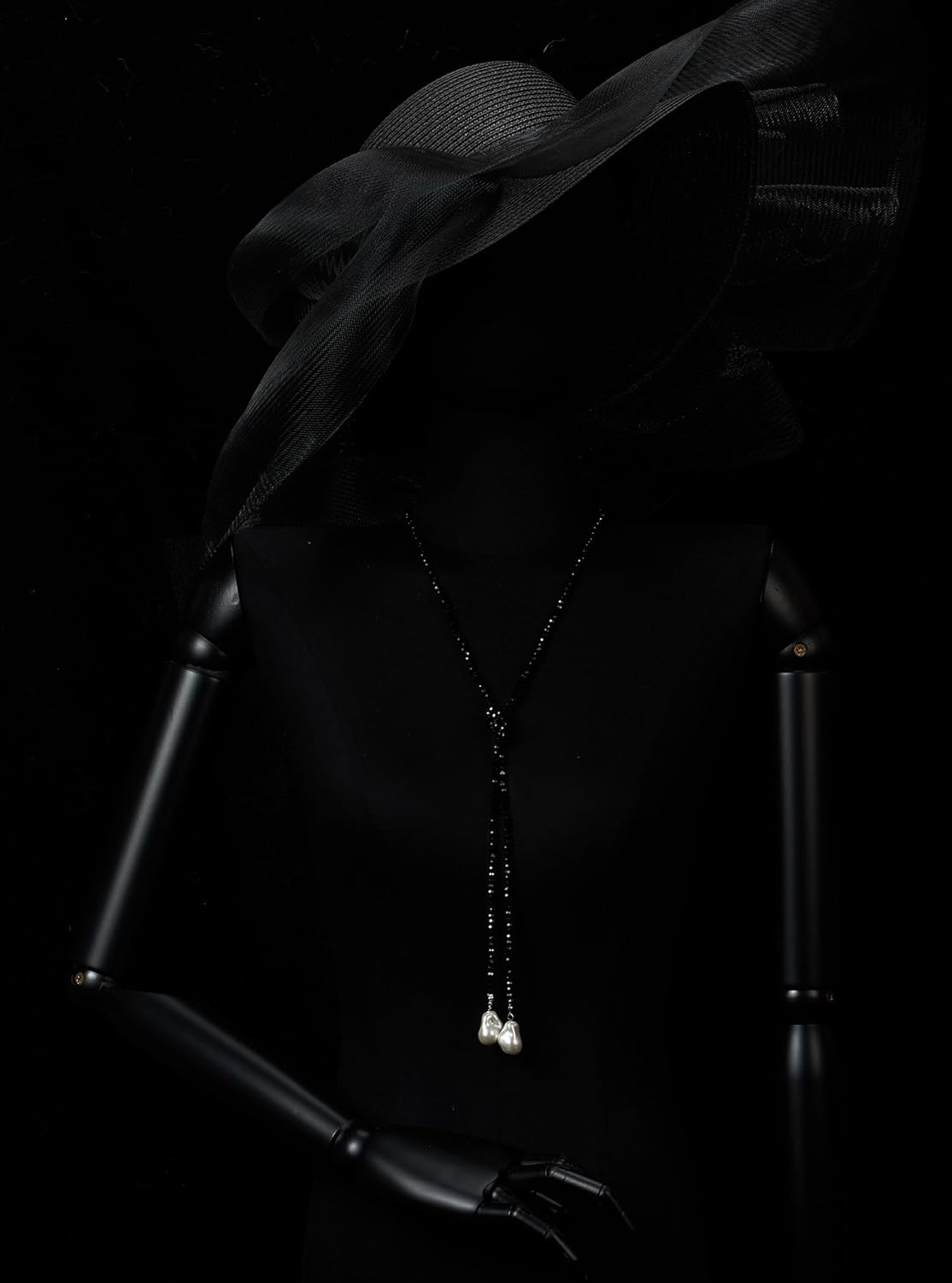 Black Beaded Lariat Necklace for Women Faceted Beads with Faux Pearl Drops Elegant Y-Shaped Necklace - Image 2