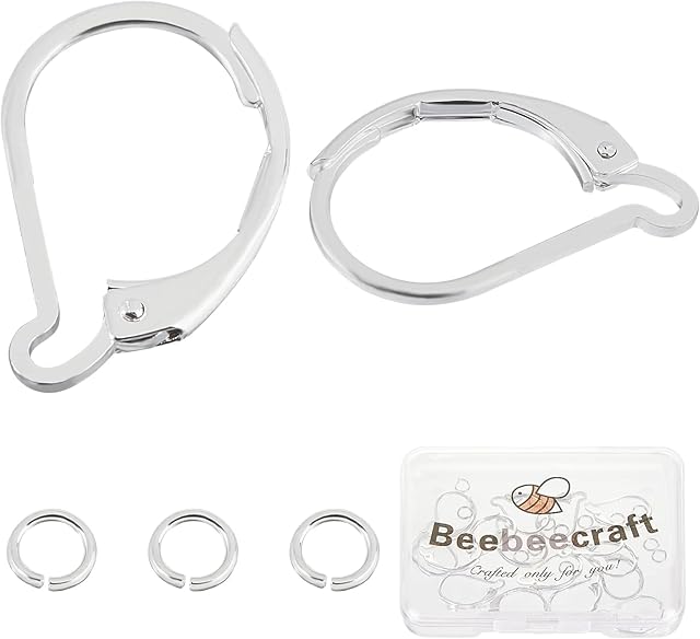 Beebeecraft 1 Box 20Pcs Leverback Earring Findings 925 Sterling Silver Plated Clasp Earring Hooks 15.6x10mm Ear Wire Clip Earring Connector with 20Pcs Open Jump Rings for Jewelry Making