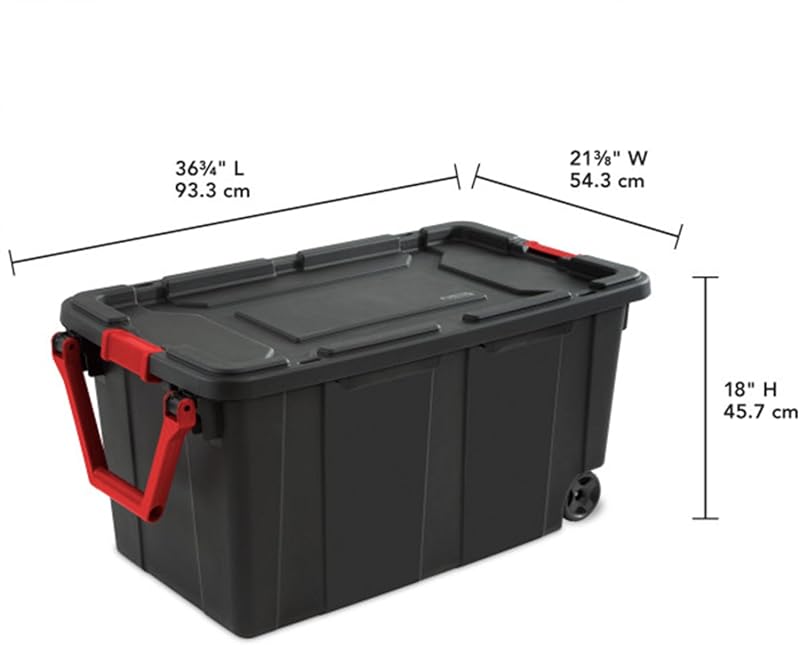 Sterilite 4-Pack Industrial Tote, Heavy-Duty Storage Bins w/Lids and Wheels, 40 Gallon - Stackable Organizing Containers for Home, Garage, Office, and Basement Black 4 Pack