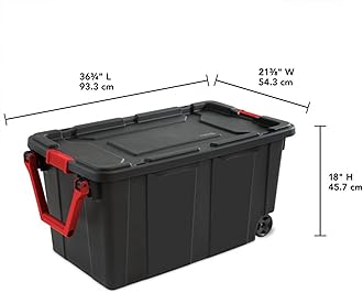 Sterilite 40 Gal Wheeled Industrial Tote, Stackable Storage Bin with Latch Lid, Plastic Container with Heavy Duty Latches, Black Base and Lid, 4-Pack