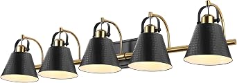 5-Lights Black and Gold Vanity Light, 40inch Modern Farmhouse Vanity Lights, Bathroom Light Fixtures Over Mirror with Hammered Metal Shade, Brushed Gold Wall Lamp for Bath Mirror Living Room Cabinet