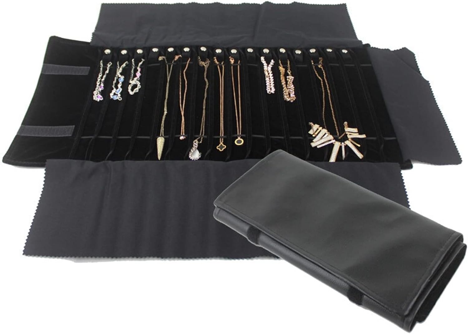 Box Black Velvet/PU Leather Jewelry Roll Bag Pendant Bracelet Organizer Portable Storage Bag Necklace Display Travel Cases (Size : All Black Leather)