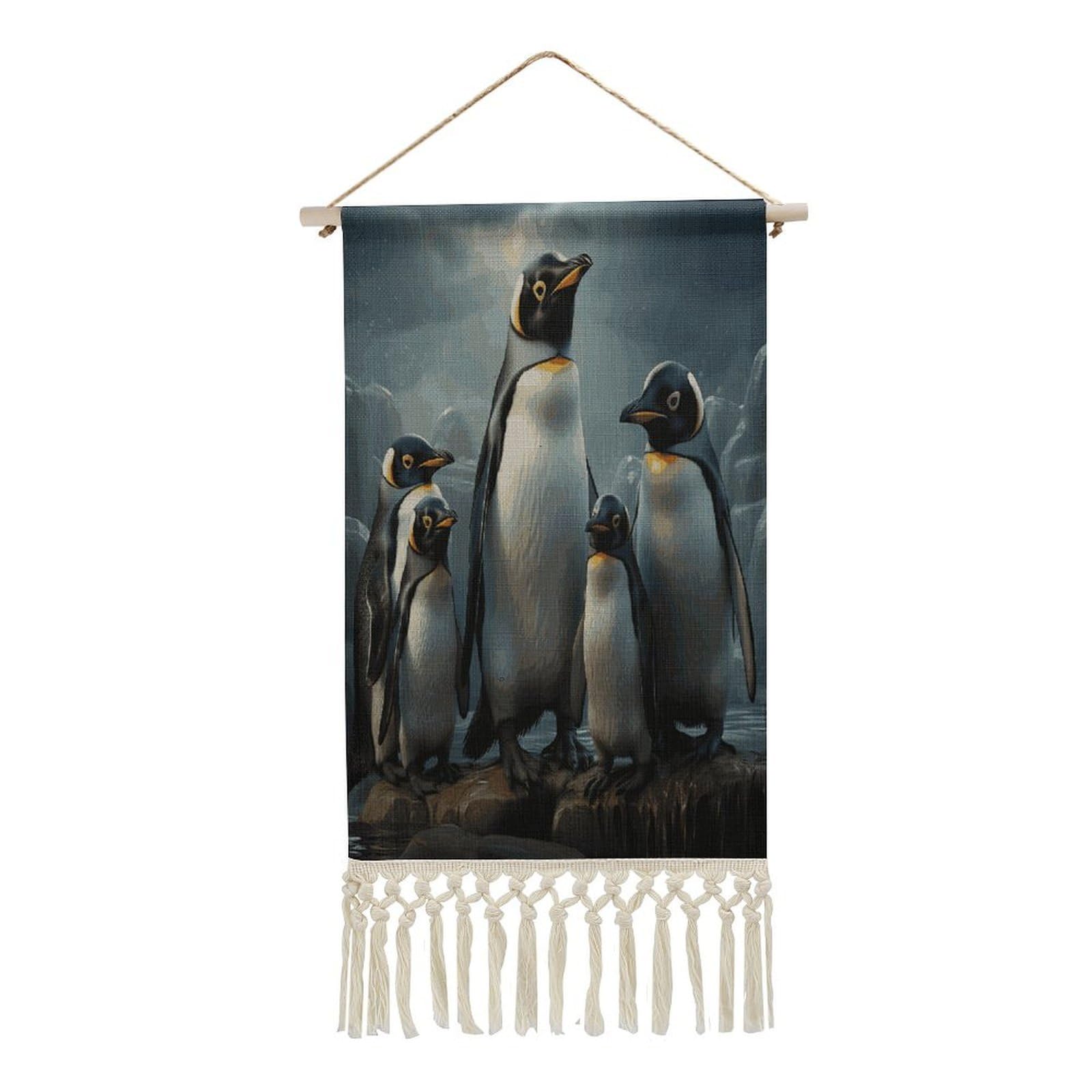 FekiLoot Penguin Family Wall Art Poster Hanger Frame Vertical Tassel Tapestry Cotton Linen Hanging Poster Decorative Wall Art Prints Vintage Wall Art Decor for Home Bedroom Living Room Office