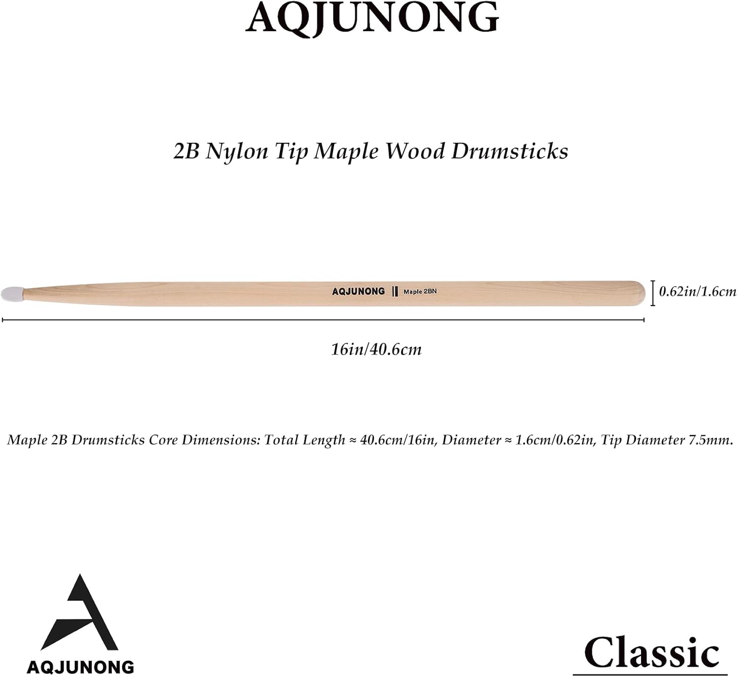 Drum Sticks, 2B Drumsticks Nylon Tip Set for Acoustic Drums or Electronic Drums, Maple Drum Sticks 2B for Drummers and Beginners (12 Pair)