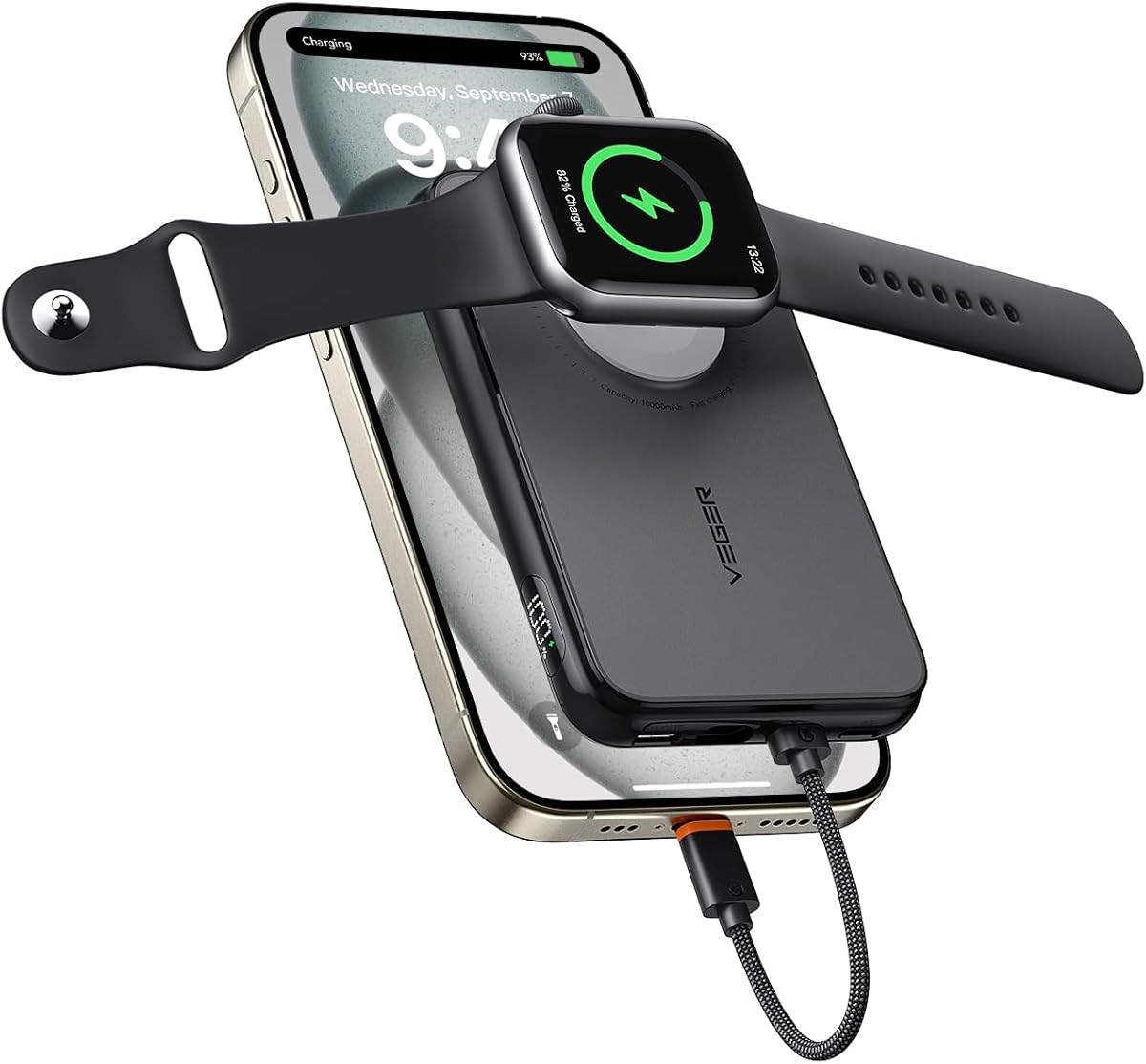 VEGER Chargeur portable avec câble amovible intégré pour iPhone, batterie externe fine à charge rapide de 20 W, batterie USB C 10 000 mAh, essentiel de voyage, compatible avec iPhone, Android, Apple