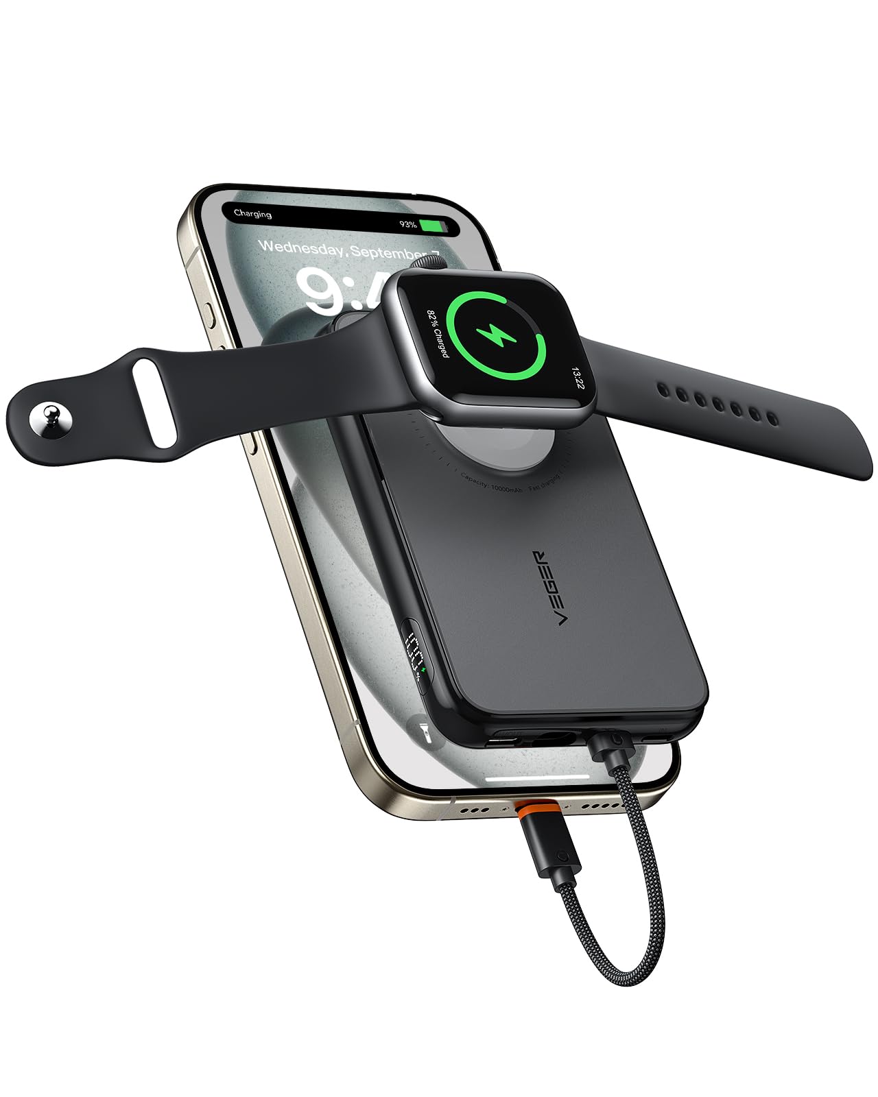 VEGERPower Bank Fast Charger,10000mAh Portable Charger,Built-in iPhone to Type C bi-Directional Connection Cable Battery Pack Compatible with iPhone,Apple Watch,Type C Smartphones,Samsung,iPad etc