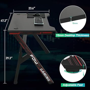 BestOffice Gaming Computer Desk Home Office Desk Extra Large Modern Ergonomic Black PC Carbon Fiber Writing Desk Table with Cup Holder Headphone Hook