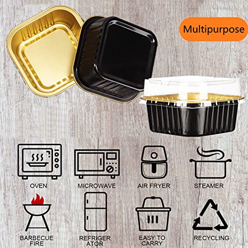 Axztyyla Square Baking Cups, 50Pcs 5Oz Aluminum Foil Mini Cake Pans With Lids, Disposable Creme Brulee Ramekins Muffin Tins Flan Cupcake Liners Dessert Cups Containers With 50 Spoons (Black, 50Pcs) #TOP5