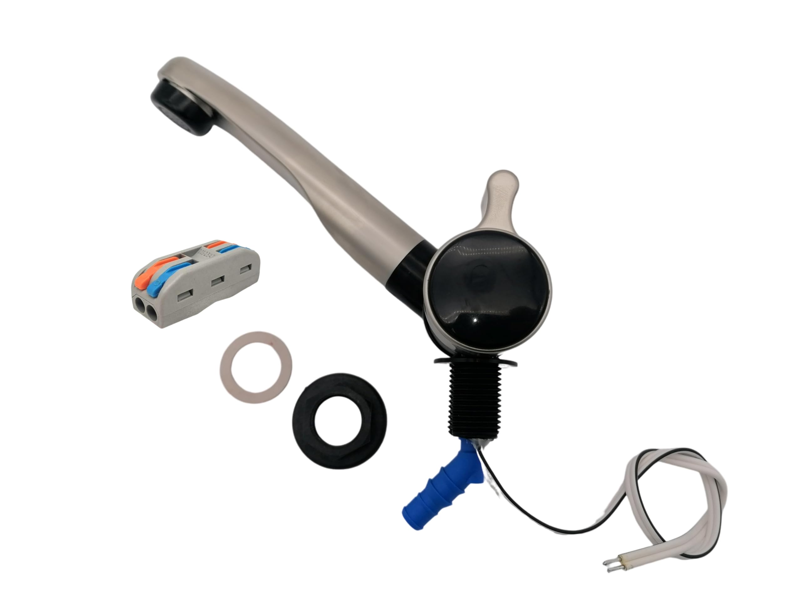 CR-MOESANCO KIT Grifo de Agua Fría con Conector Eléctrico para Caravana, Autocaravana, Camper o Barco con Interruptor 12v, Acabado Níquel Dorado, Orificio 27mm