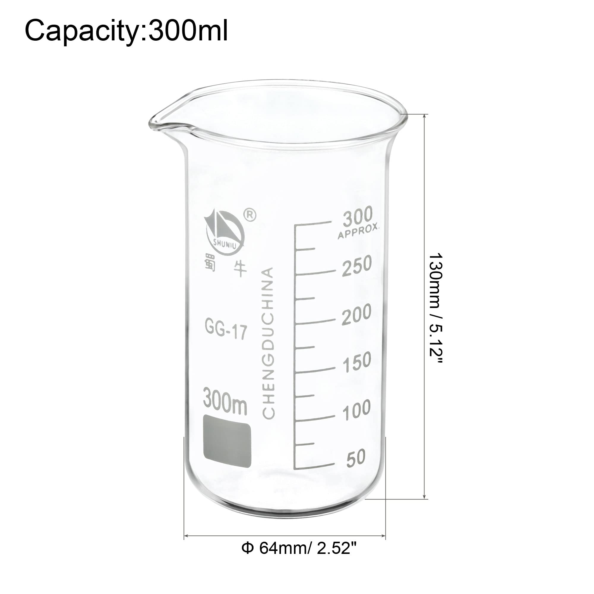 PATIKIL 300ml Tall Form Glass Beaker, 3.3 Borosilicate Glass Graduated Printed Scale Measuring Cups with Spout for Kitchen Lab Liquids Transit Boiling