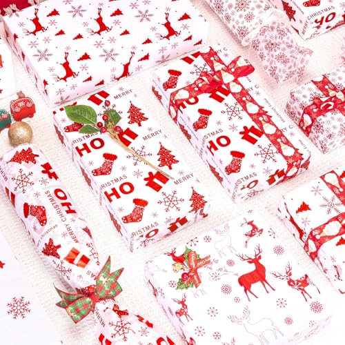 Image of Larcenciel Christmas Tissue Paper for Gift Bags, 50Pcs Classic Red White Xmas Gift Wrapping Tissue Paper, Snowflake Deer Art Packing Supplies for Holiday, New Year, Crafts Project, Party Decor,20x14In