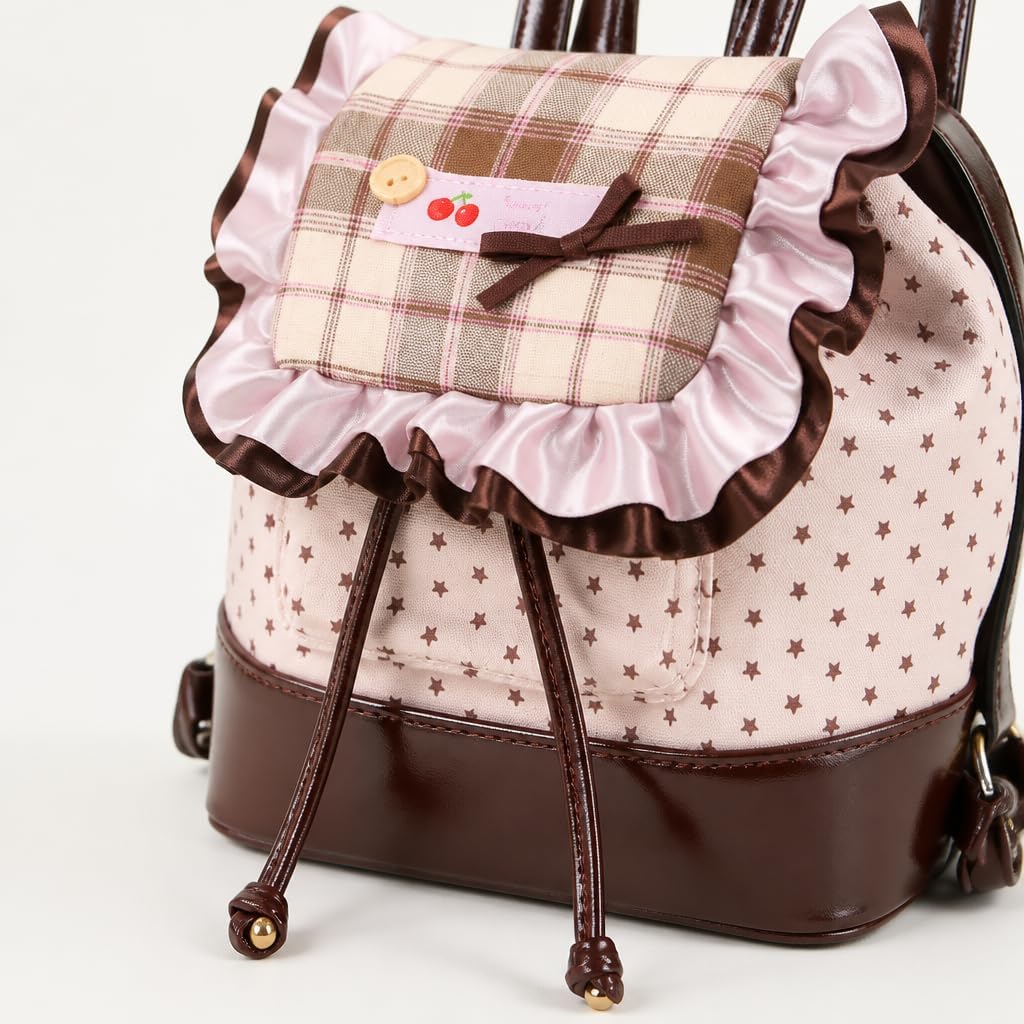 Ruffle Backpack, Pink Mini Bag with Plaid Flap (Pink)
