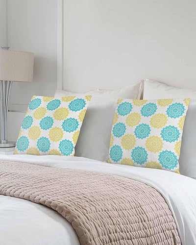 Miniatura 3 de Paquete de 2 fundas de almohada decorativas de algodón, mandala, turquesa, amarillo, flores de dalia, 20 x 20 pulgadas, cuadradas, reversibles,