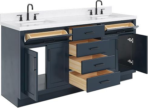DKB Isabella 72 Inch Bathroom Vanity Double Sink Midnight Blue Bathroom Vanity with Sink, 1.5 Edge Carrara White Quartz Countertop, 4 Soft-Close Doors, 4 Dovetail Drawers, and 2 Tilt Drawers