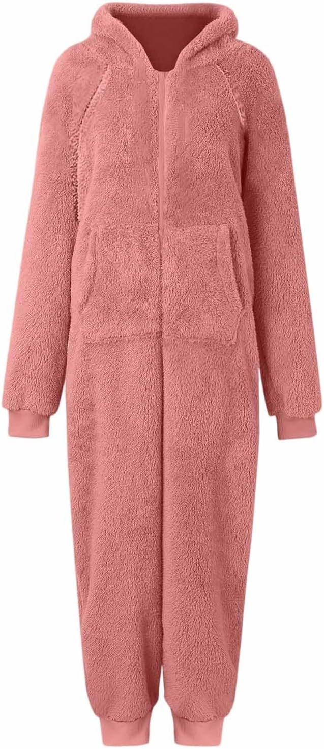 HGps8w Fleece Onesie Pajamas for Women Warm Sherpa Fuzzy Jumpsuit Sleepwear One Piece Zipper Hooded Romper Loungewear