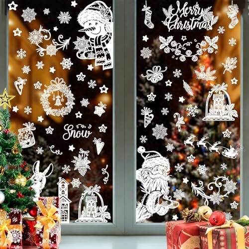 131 pezzi di adesivi per finestre di Natale autoadesivi, adesivi per finestre di Natale in PVC riutilizzabili, decorazione per finestre bianca, adesivi per finestre di Natale con case, decorazione per