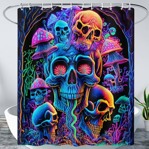 AILONEN Mushroom Skull Shower Curtain for Bathroom,Purple Mushroom Skull Bath Curtain,Fantasy Fairy Skull Skeleton Decoration Bathroom Waterproof Shower Curtain with 12 Plastic Hooks, 72