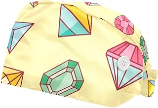 2 paquetes de gorras de trabajo con botones, banda para el sudor, gorras quirúrgicas ajustables para mujeres y hombres, diamantes coloridos, amarillo