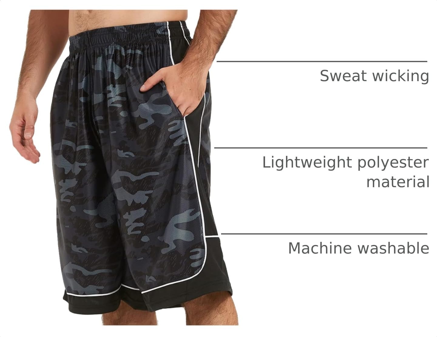 HQUEC Men's 12" Long Basketball Athletic Shorts Below Knee Loose-Fit | Deep Pockets, Mesh Fabric, Sweat Wicking, Elastic Waist Drawstring, Free Movement, Gym Running Multi Sports