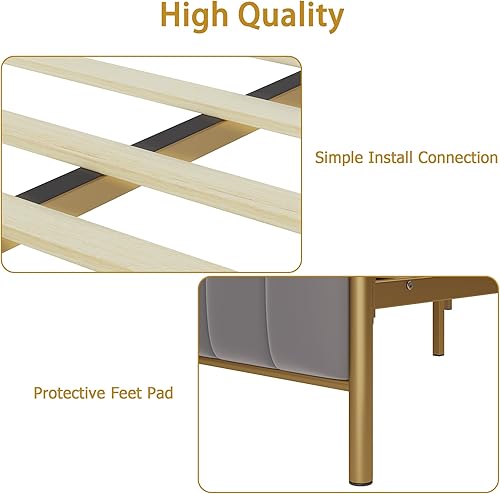 Miniatura 5 de Assile Cama de plataforma tapizada tamaño Queen con cabecera capitonada de terciopelo con botones, diseño sin ruido y espacio de almacenamiento