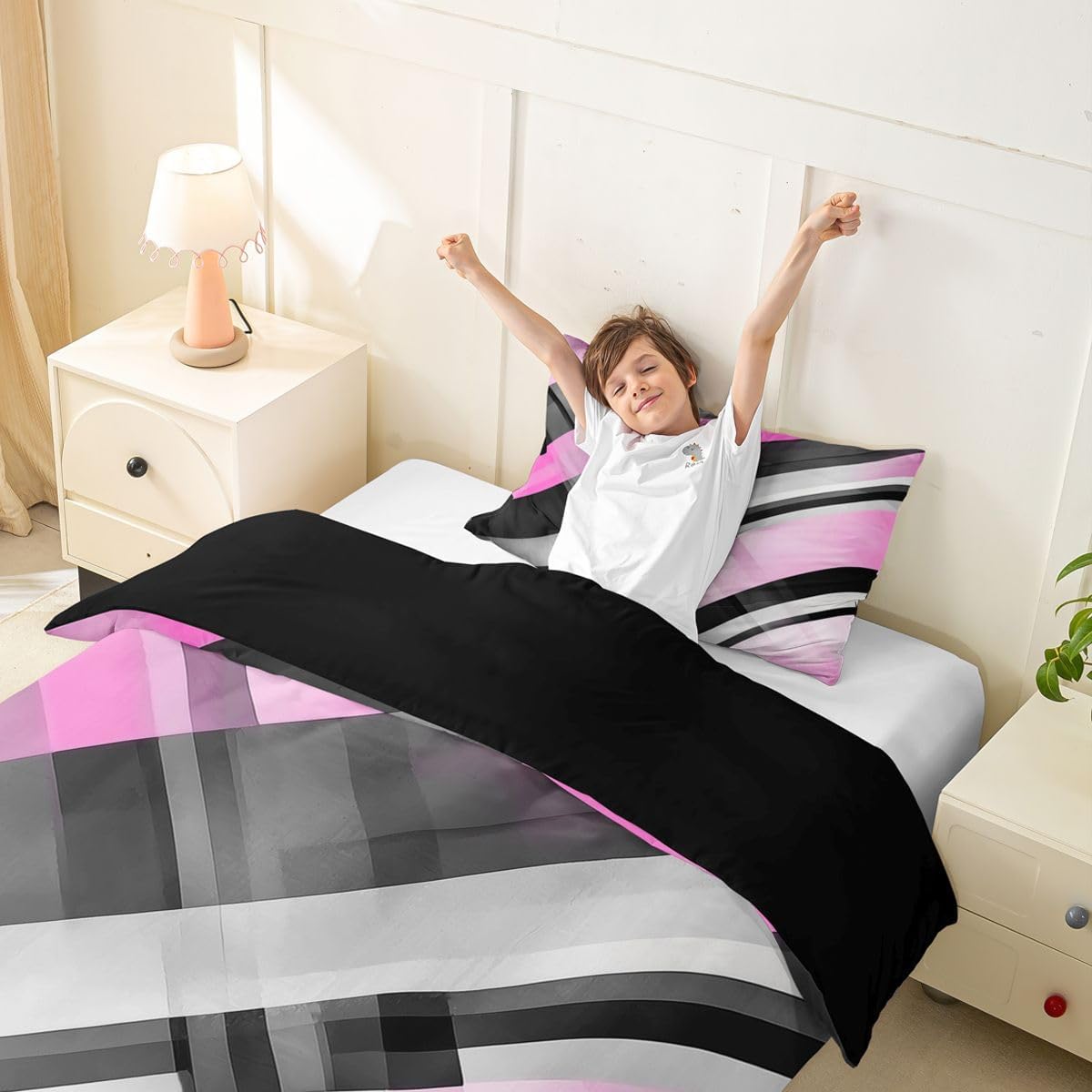 jejeloiu Pink Black Duvet Cover Toddler Size Modern Abstract Stripe Bedding Set for Boys Girls Geometric Stripe Comforter Cover Bedroom Decor 2Pcs