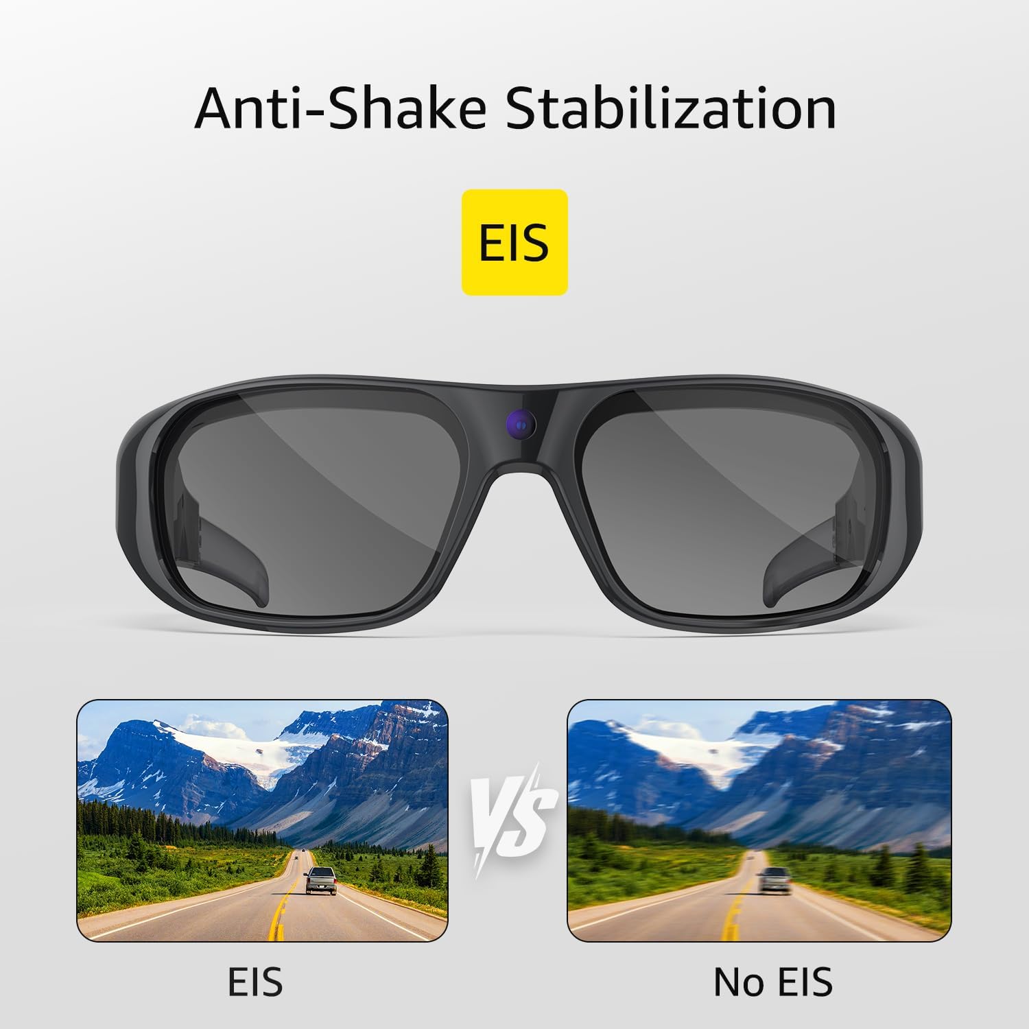 Comparison image showing video quality with EIS (Electronic Image Stabilization) versus without EIS, demonstrating reduced shake.