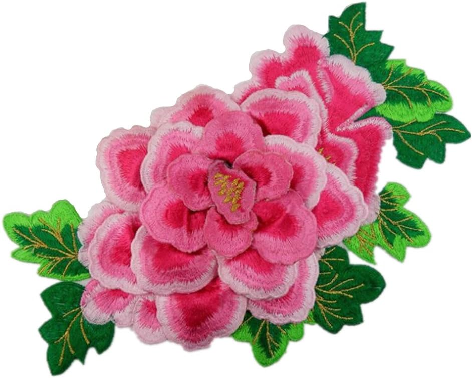 Large Multi Layers Peony Flower Patches Iron on Patches with Green Leaves Embroidered Applique Motif for DIY Clothes Embellishments Bag Purse Making(Rose)