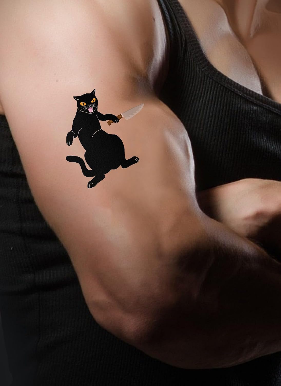 WIRESTER Temporary Tattoo Stickers for Adults Men Women, Fake Tattoos on Face Hand Neck Wrist Party Favor Body Art, Tattoo Sheet 6 x 7.87 inch - Black Cats With Knife image 4