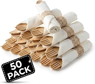 Pre Rolled Napkin and Bamboo Cutlery Set - 50 Pack Bamboo Utensils Wooden Cutlery 50 Forks 50 Knives 50 Spoons 50 Napkins, Pre Wrapped Disposable Silverware Cutlery for Party, Wedding, Events