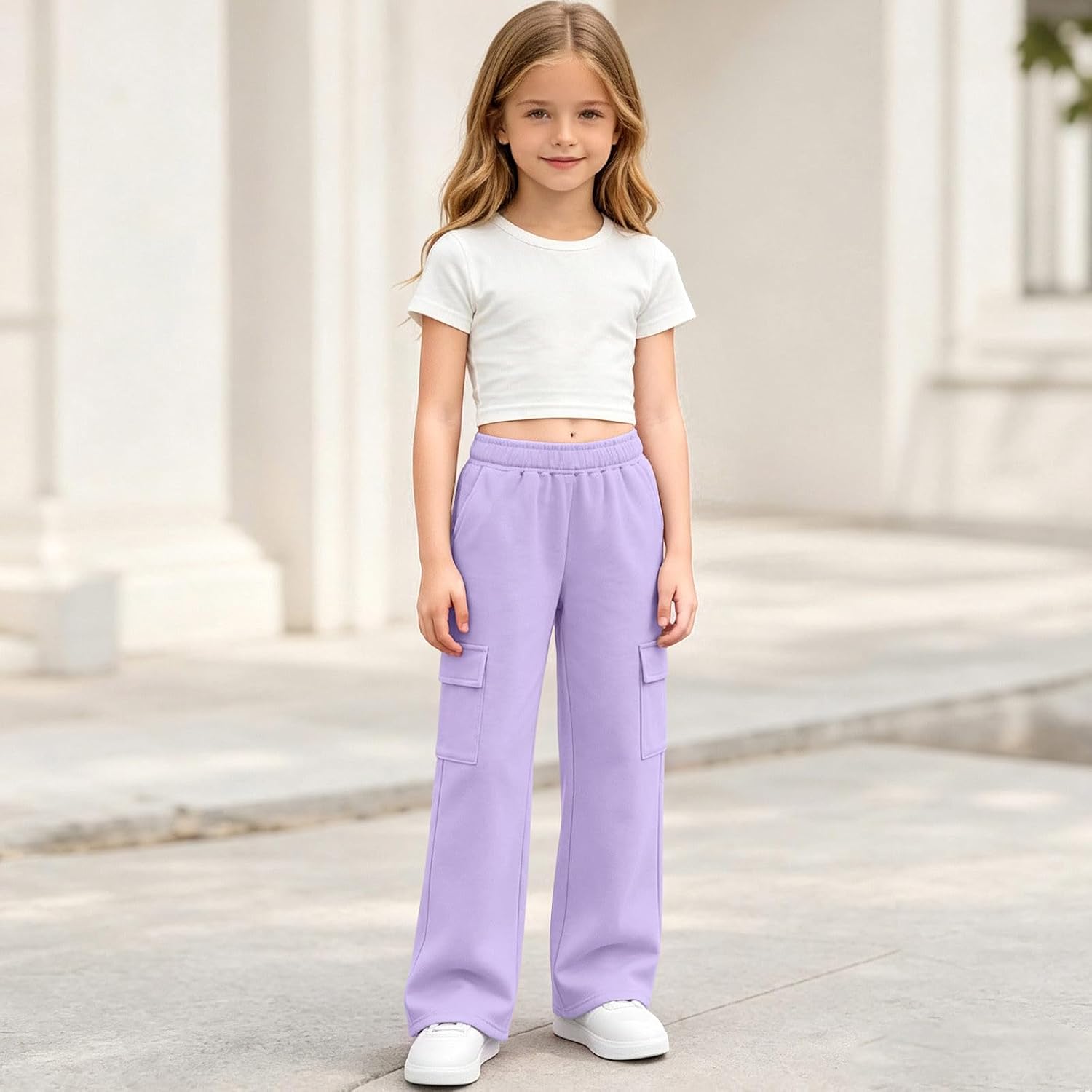 Girls Wide Leg Cargo Fleece Sweatpants with Pockets