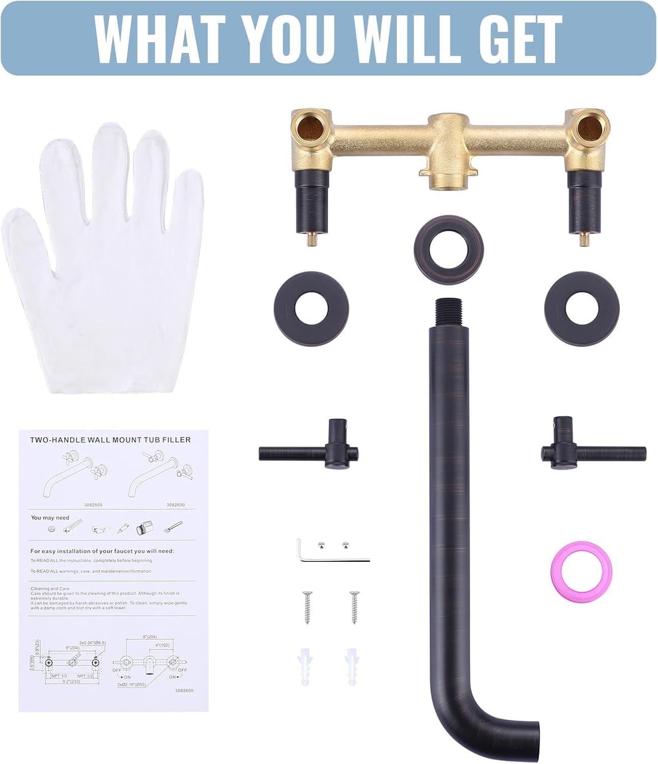ALEASHA Wall Mount Tub Filler Tub Faucet High Flow Bathtub Faucets Two Handles Solid Brass, 12" Long Spout Reach, Oil Rubbed Bronze