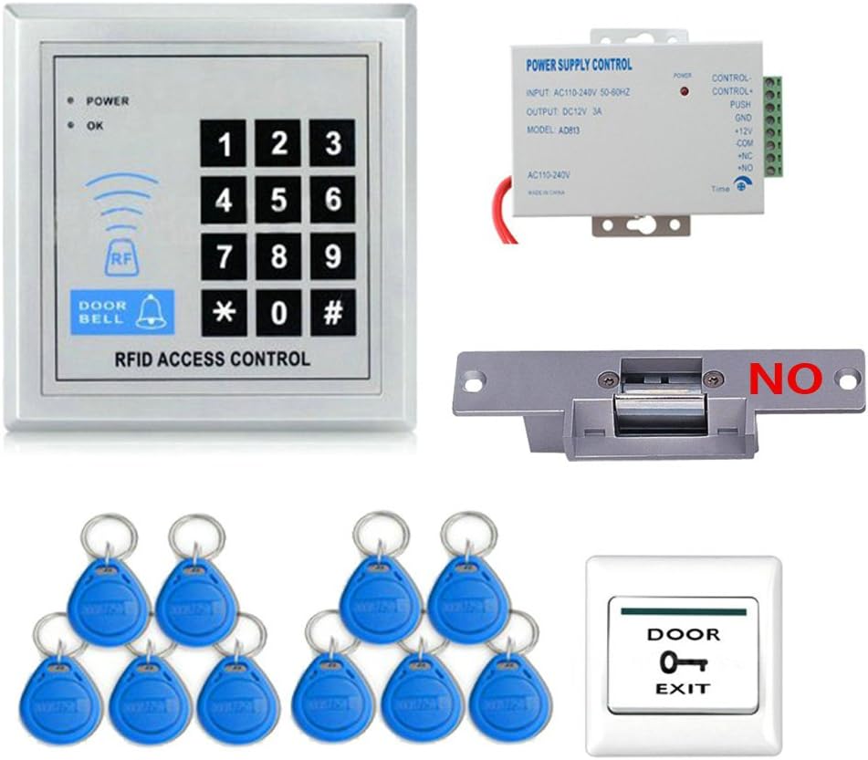 MAOTEWANG Full RFID Door Access Control System Kit Set(Electric Strike Lock+Armature Faceplate+Access Control Power Supply+Push Release Button+Proximity Door Entry keypad+10 Key Fobs)