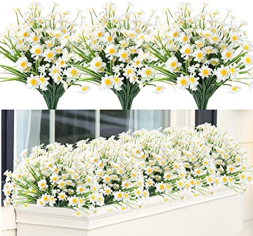 GREENRAIN 6 Bundles Artificial Daisy Flowers Outdoor Fake Flowers for Decoration No Fade Faux Plastic Flower Garden Porch Window Box Décor (White)