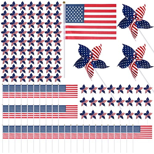 Sumind 200 Pcs 4th of July Decoration Include 100 Patriotic Pinwheel & 100 Small American Flag on Stick, Red White and Blue Patriotic Party Supplies for Independence Day Memorial Day Parade Yard Decor