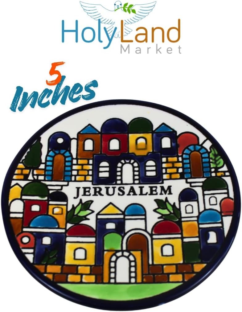 Holy Land Market Ceramic Kiddush Cup Set with Matching Plate, Traditional Design, 7 oz Wine Goblet for Shabbat and Holiday, 5.5 inch (Jerusalem View)
