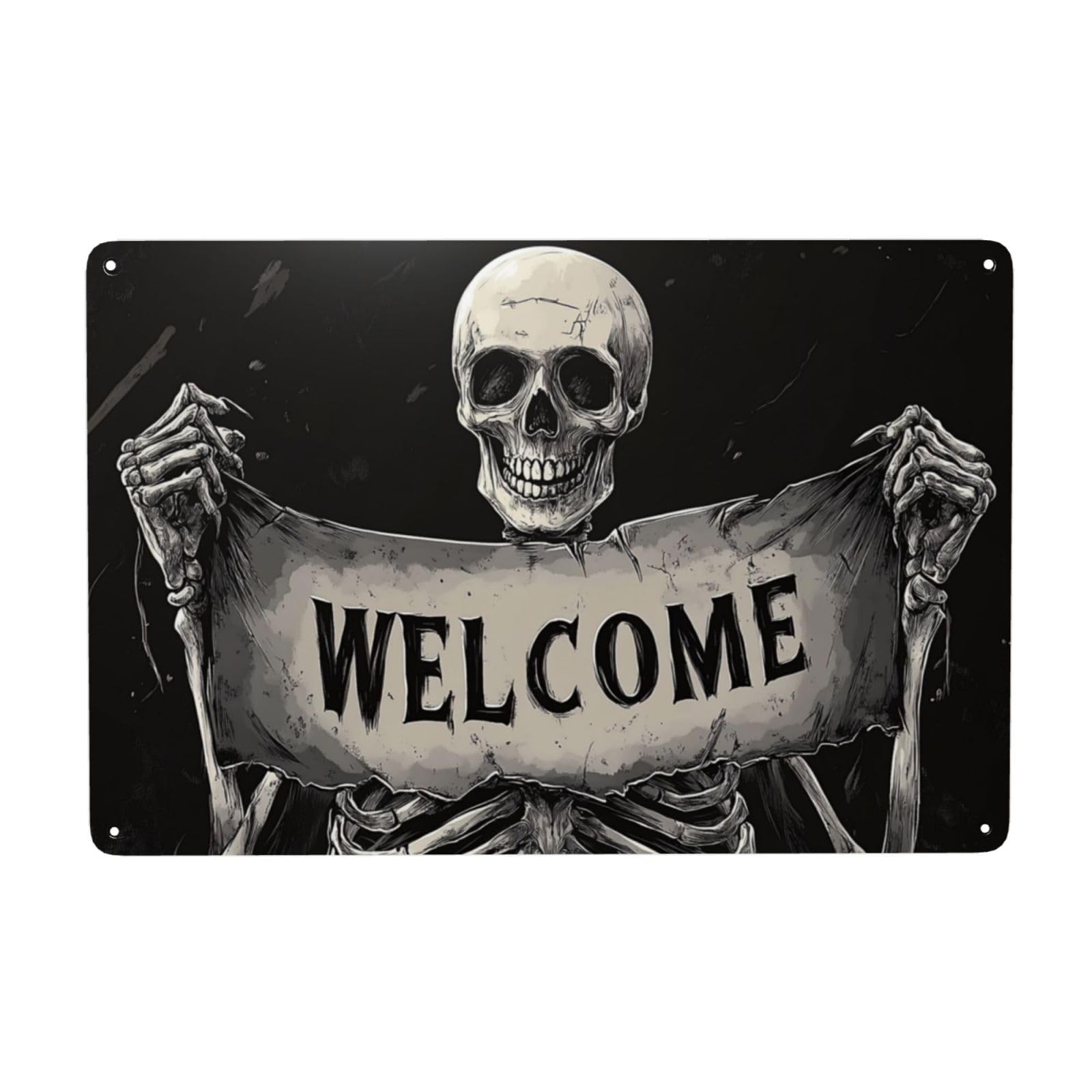 Woshuwo White Skeleton Welcome Banner Horror Creepy Metal Signs Tin Wall Art Decor For Bathroom Toilet Washroom Farmhouse Restroom Yard 20X30 Cm