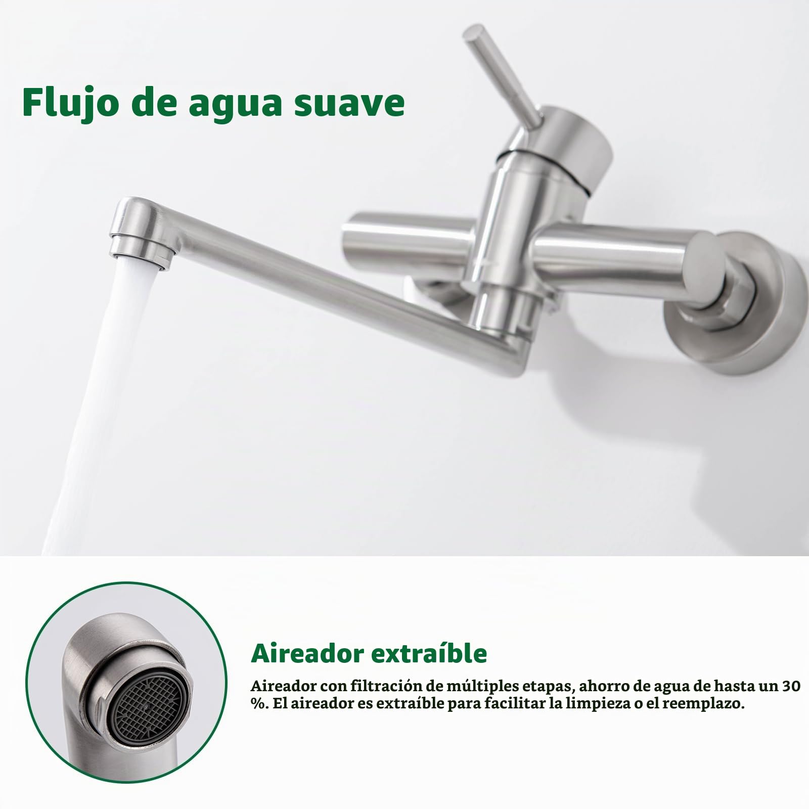 Grifo de Pared, Grifo de Cocina Montado en la Pared, Giratorio 360 Grados, Fabricado en Acero Inoxidable, Monomando para Fregadero, Agua Fría y Caliente, Acabado Cepillado