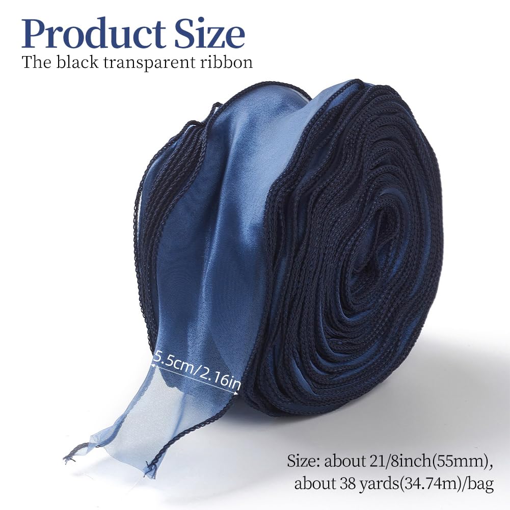 CABODYALS 35M 55mm Dark Blue Sheer Ribbon Wide Navy Organza Transparent Roll Clear Chiffon Tulle Wrapping Shimmer Wave Ribbons for Gift Making Flower Christmas Wedding Bouquets Invitations Decoration - Image 2