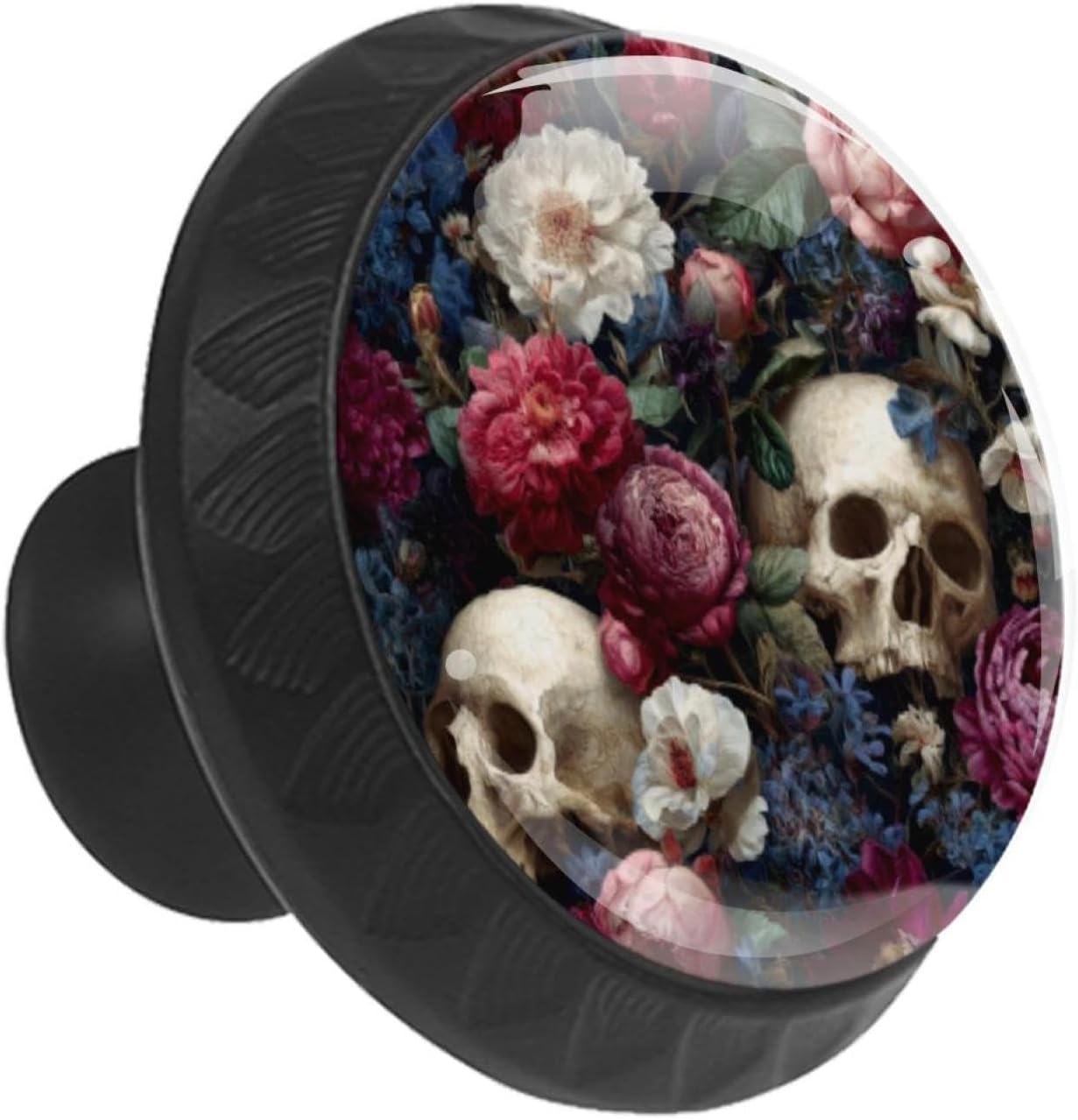 Black Base Flowers and Skulls (3) Furniture Knobs, Sturdy Cabinet Pulls with Screws for Home Renovation