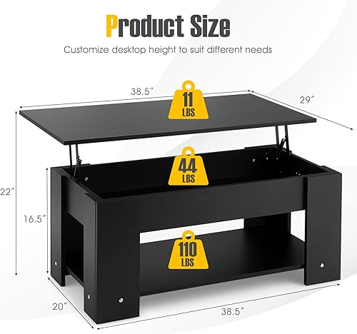 Miniatura 3 de Giantex Mesa auxiliar elevadora mesa de cóctel moderna con compartimento oculto y estante de almacenamiento abierto mesa central abatible mesa de