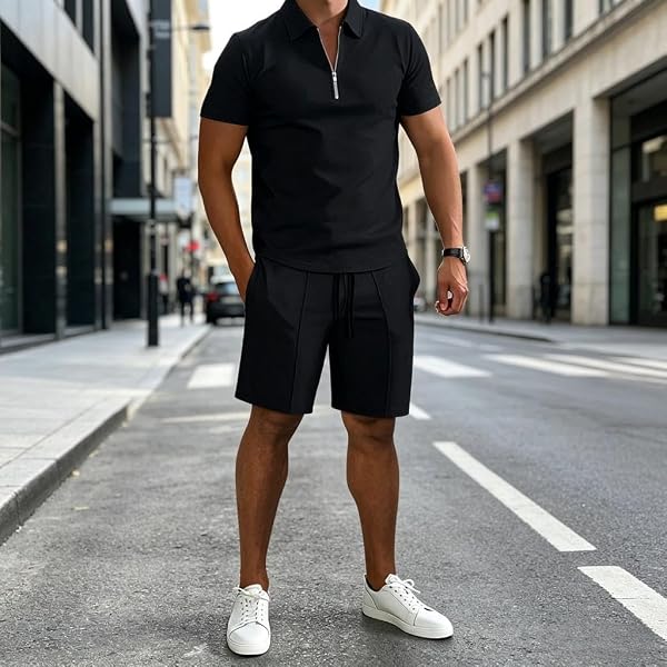Tuta da uomo 2 pezzi con zip polo e pantaloncini set manica corta estate casual outfit - 1