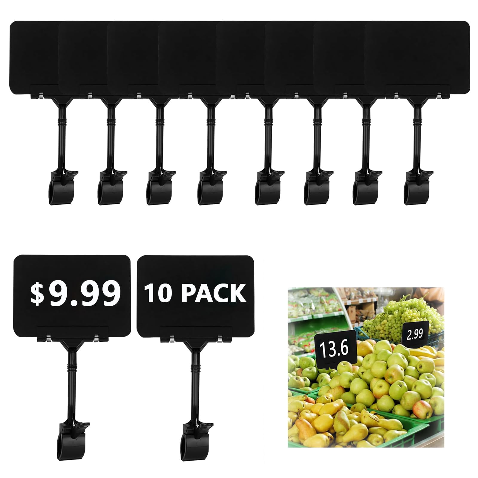 KASTWAVE 10 Pack Rotating Clip Pop Swivel Sign, Double Head Display Clips, Clip On Sign Holder Clips, Holder Swivel Price Signs Display Clip, Merchandise Sign Clips for Price Tag Display (Black)