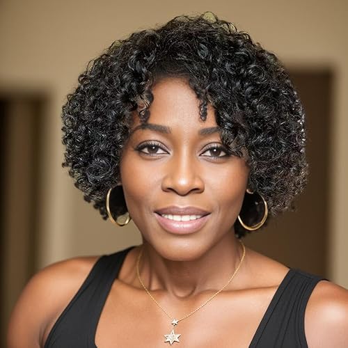 Velicoo Brazilian Wigs 10 inch Short Kinky Curly Human Hair Wigs For Black Women Short Curly Wigs No Lace Front Natural Color Hairdo For Women