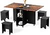 Warmiehomy 5 pcs Dining Room Set Wooden Foldable Dining Table Set with 4 Stools, Multi-Functional Drop Leaf Table and Chairs for Small Spaces Home Apartment Living Room Office, Space Saving